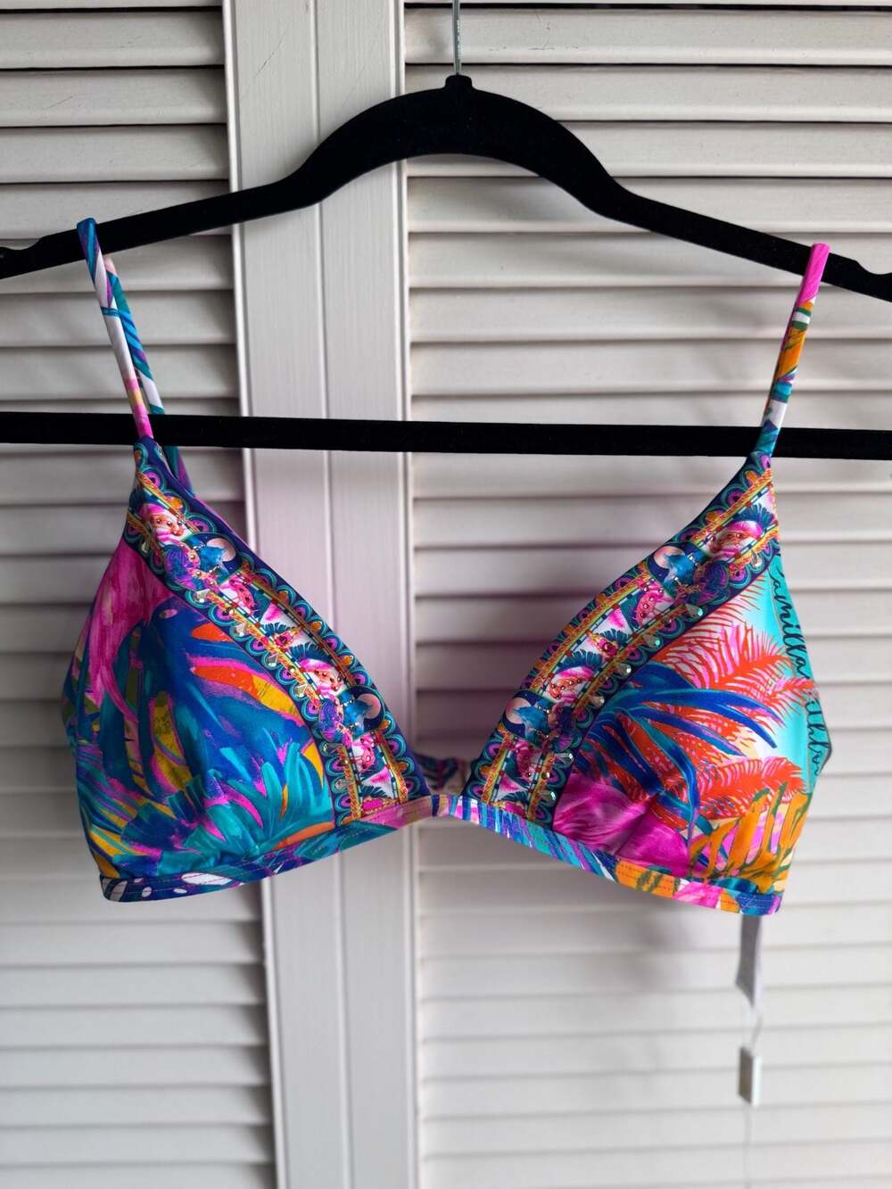 Camilla Tropical Print Bikini Top in Blue, Pink, Orange, Yellow